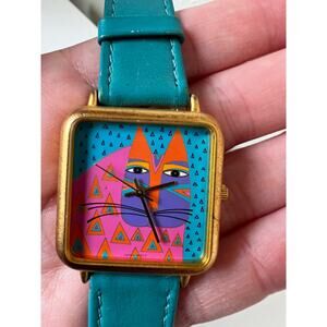 Rare Vintage Laurel Burch Wild Cat Watch Teal Strap Brushed Gold Case
